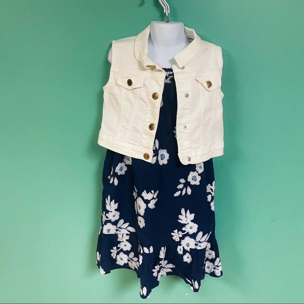 Genuine Kids Oshkosh Navy & White Floral Dress & White Denim Vest Set Girls 4T